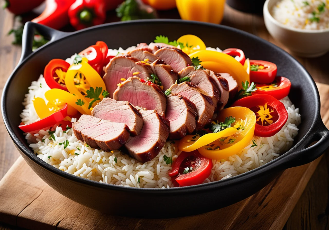 Rice skillet with peppers, pork and bacon