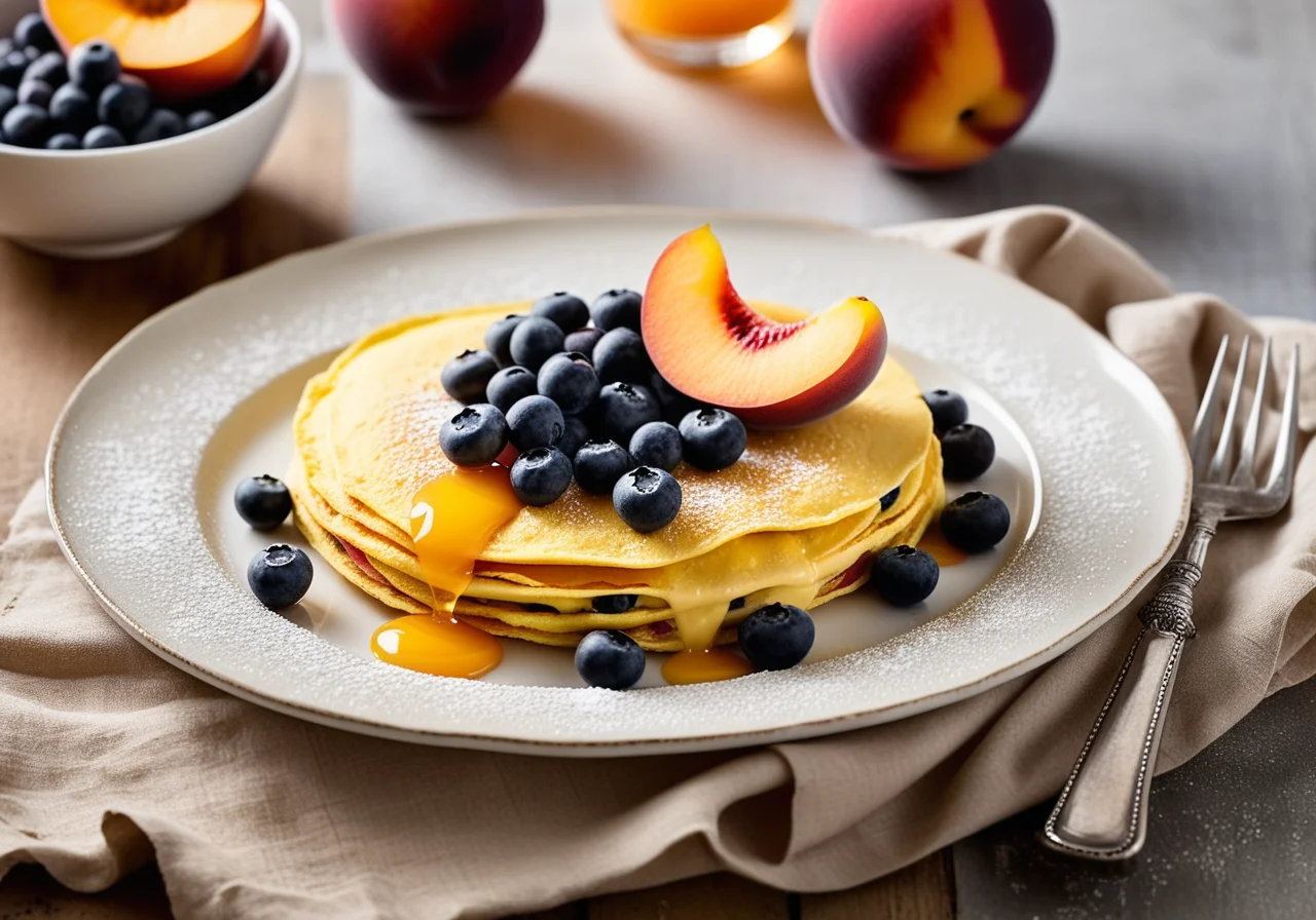 Fluffy omelette with blueberries and peaches