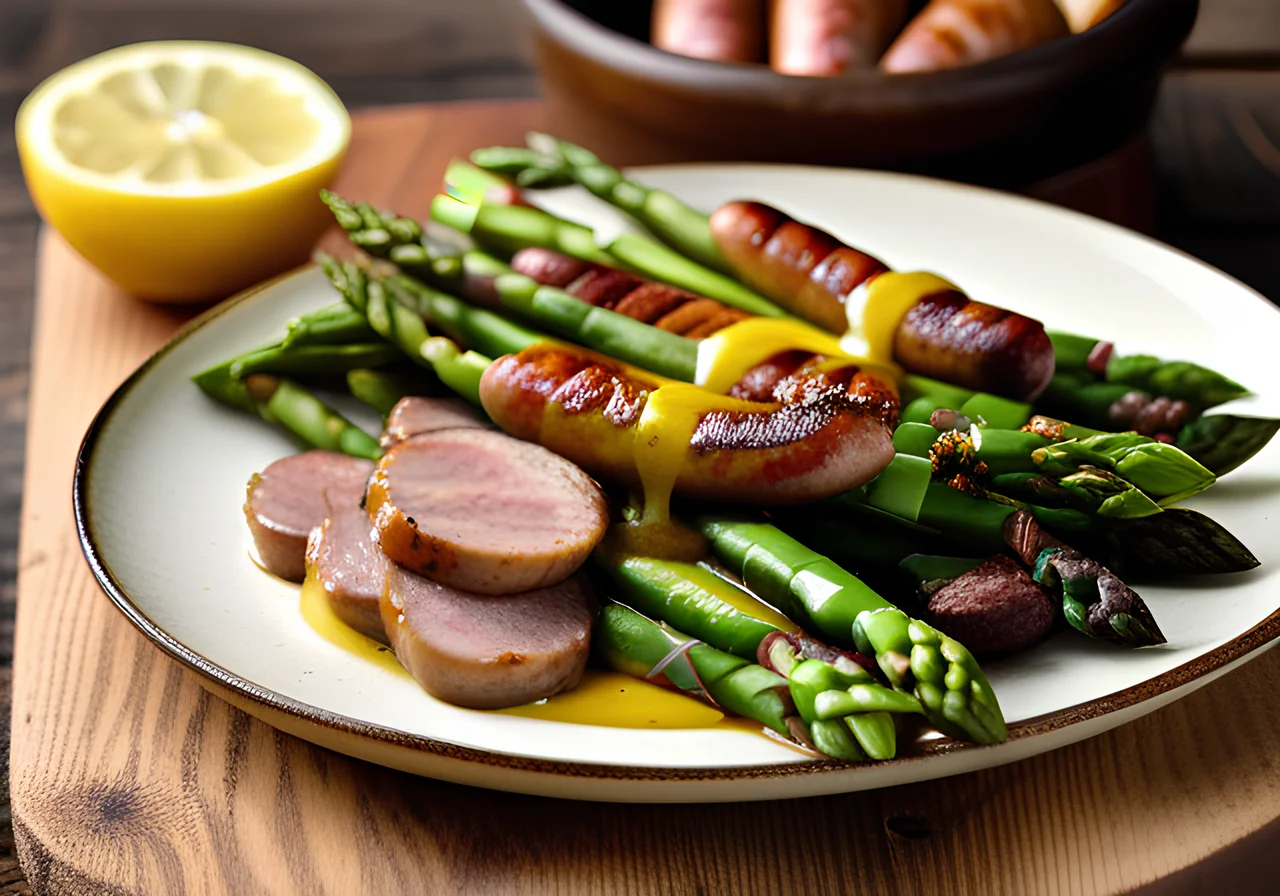 Green Wild Asparagus with Mustard Vinaigrette and Lamb Sausages