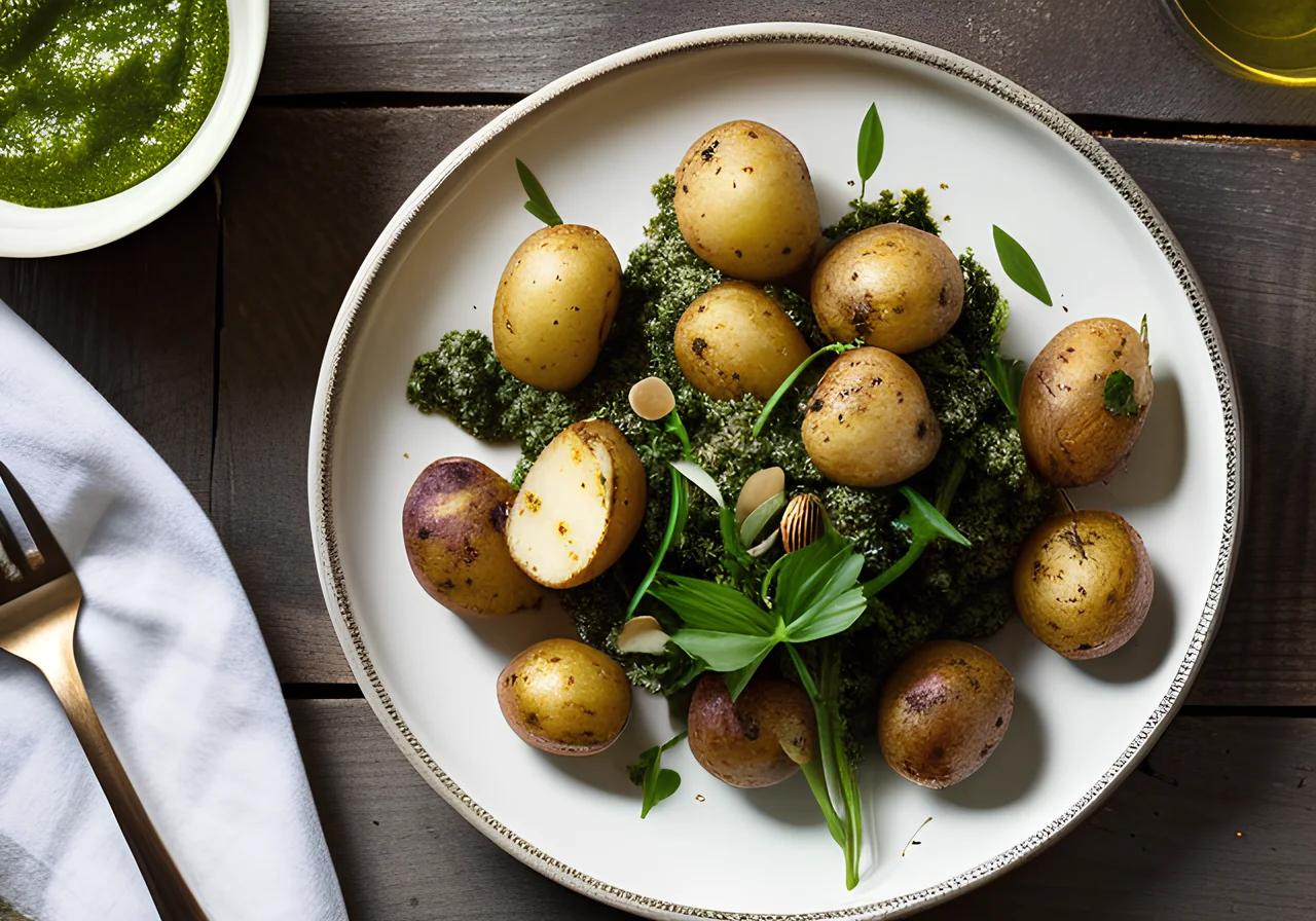 Oven Potatoes and Cauliflower with Wild Garlic Pesto