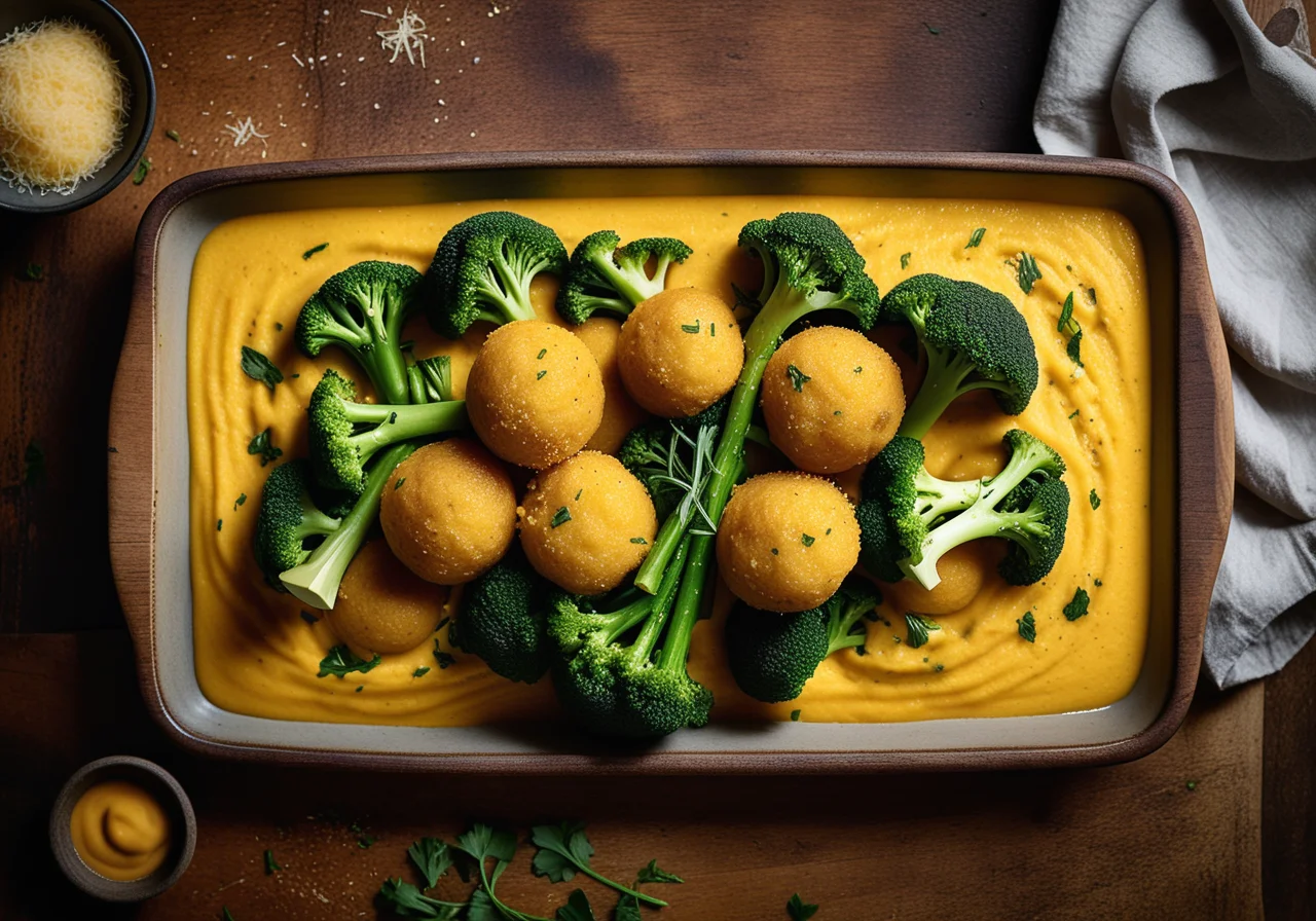 Italian-Style Polenta Balls with Broccoli and Curry Sauce