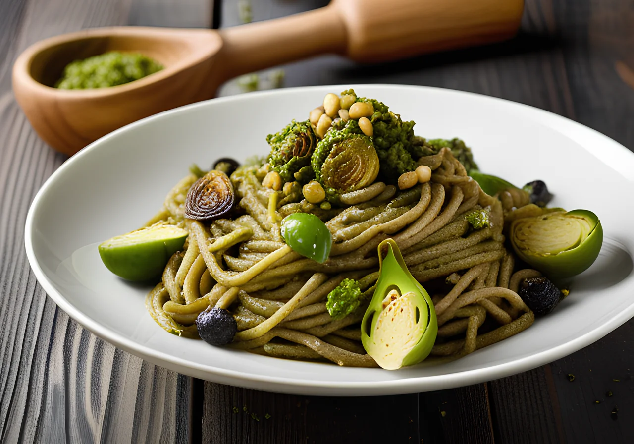 Lentil Noodles with Pesto and Brussels Sprouts