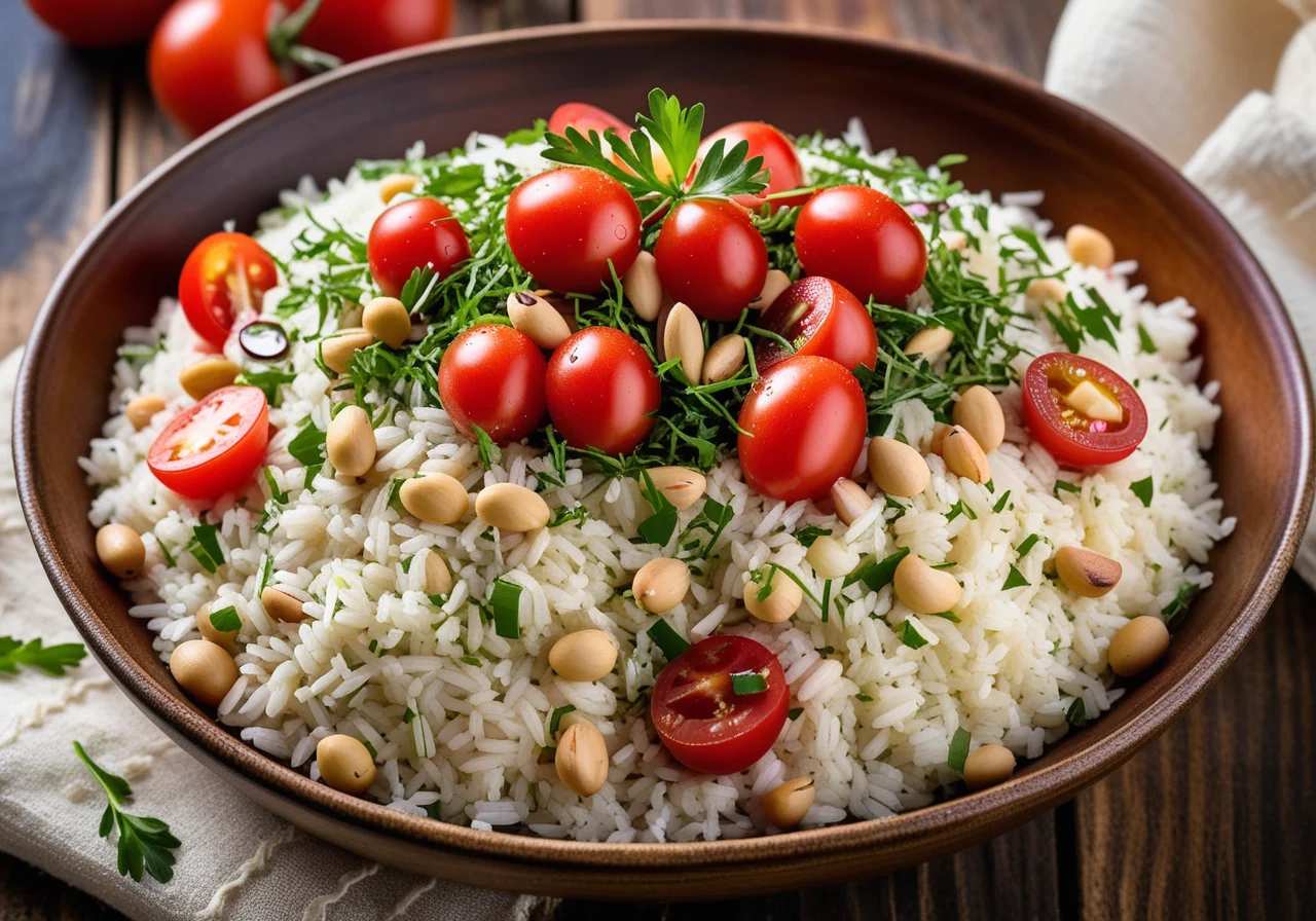 Rice Chickpea Salad with Alfalfa Sprouts, Olives and Tomatoes