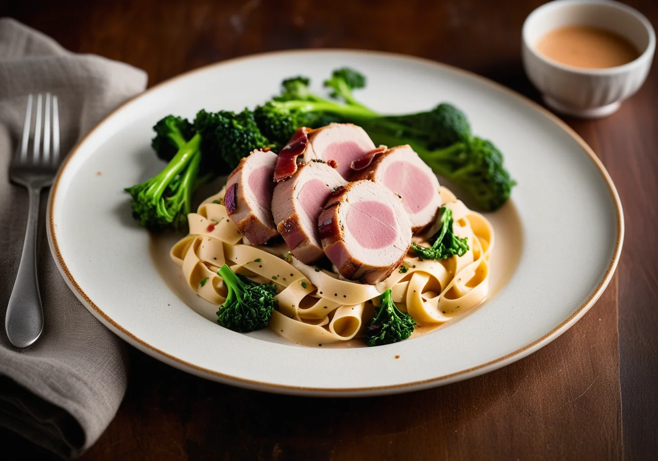 Pork Fillet Wrapped in Bacon with Pepper Sauce and Pasta