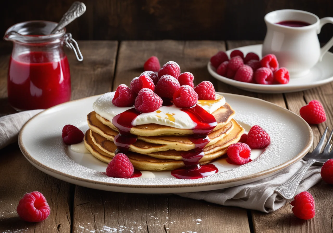 Ricotta Raspberry Pancakes with Syrup