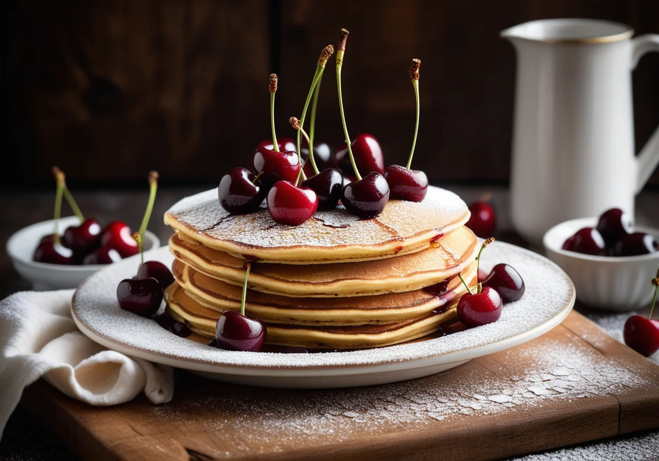 Cherry Pancakes with Powdered Sugar