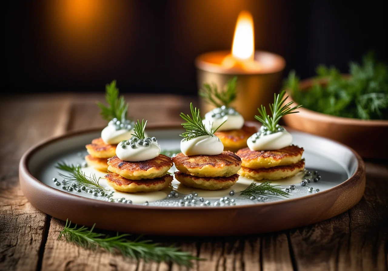Mini Potato Pancakes with Dill Cream and Caviar