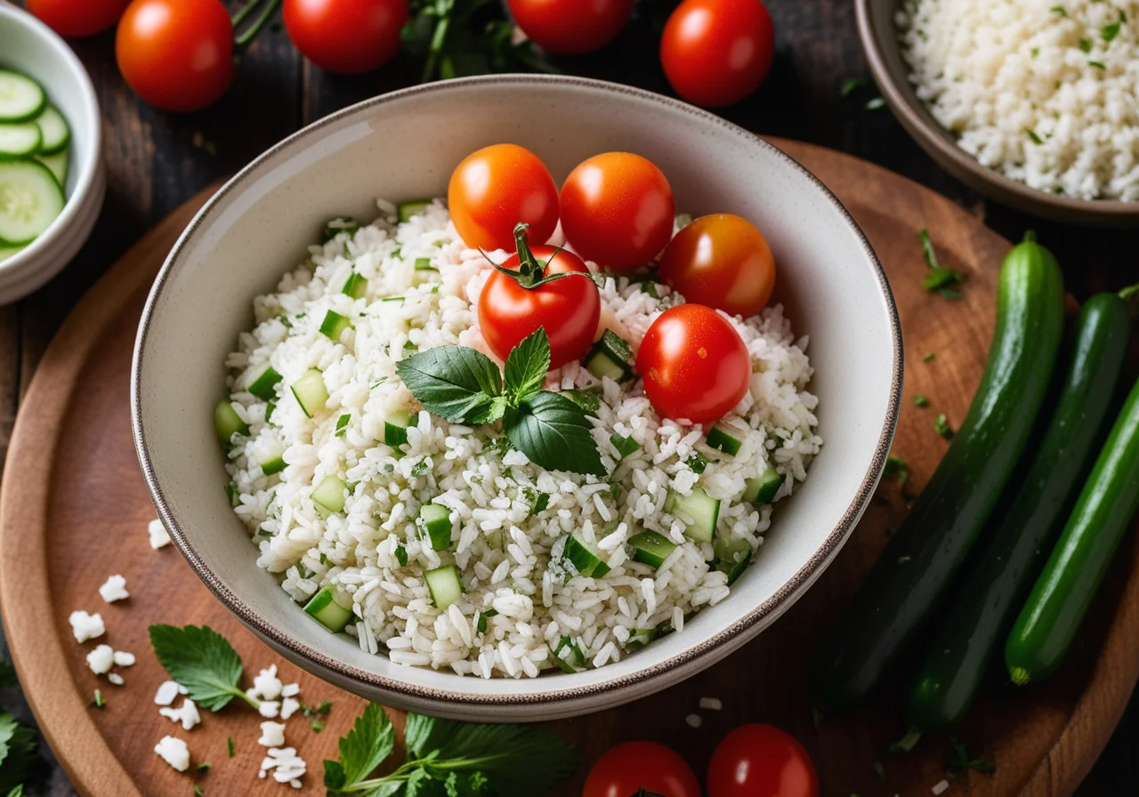 Rice Tabbouleh with Mint, Cucumbers, Tomatoes and Feta