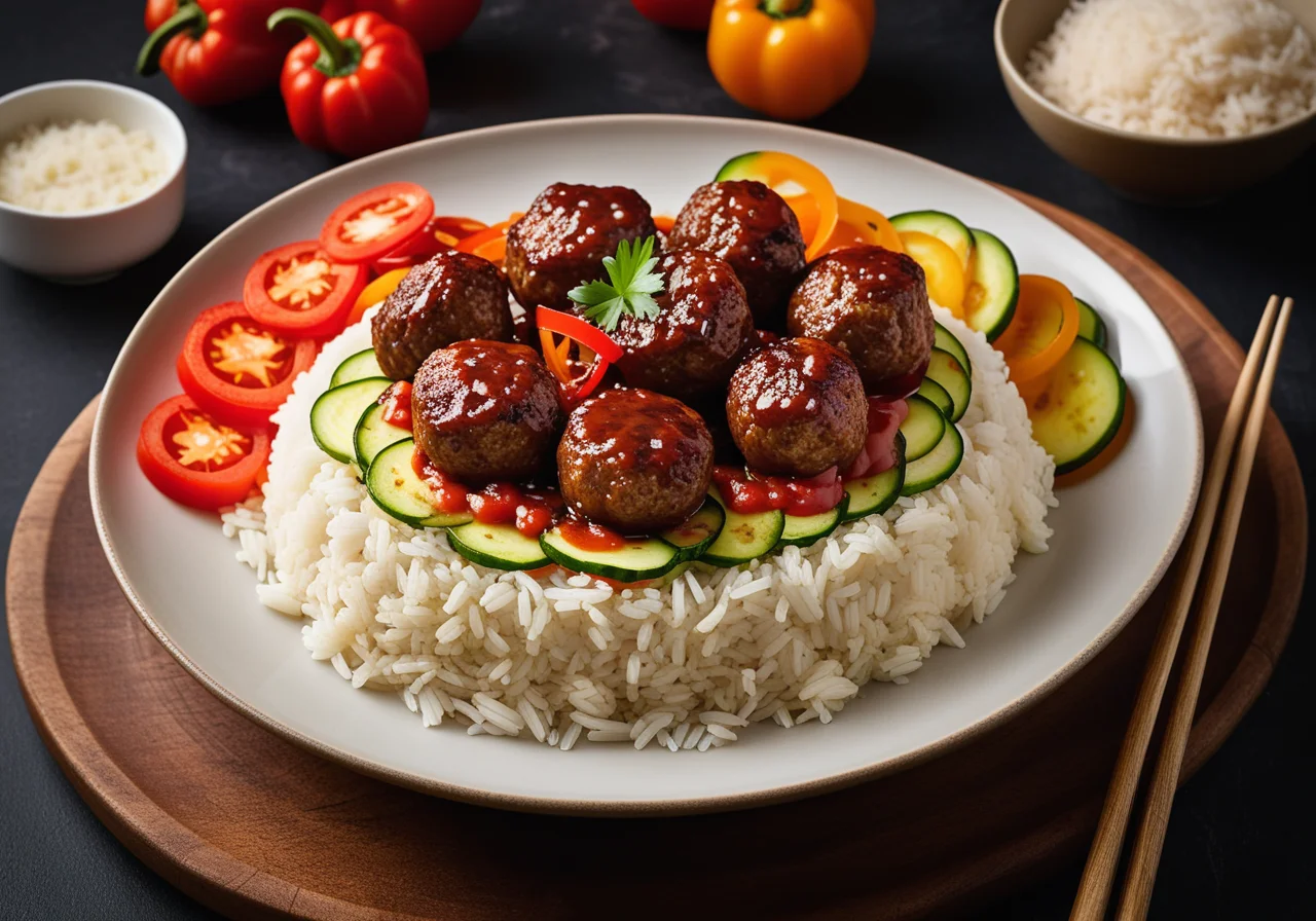 Rice Pan with Lamb Meatballs in Oriental Style