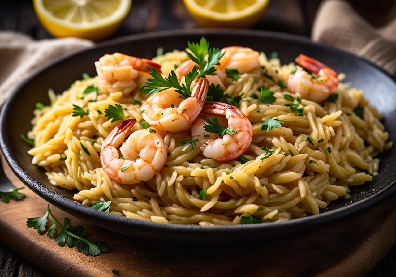 Rice pasta (Orzo) with shrimp, lemon and parmesan