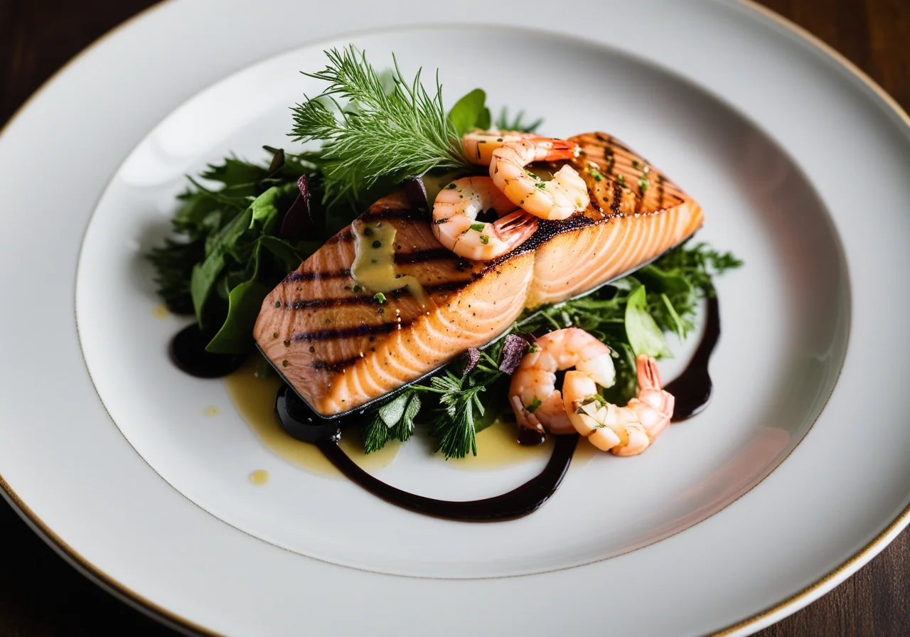 Salmon steak with shrimp and salad