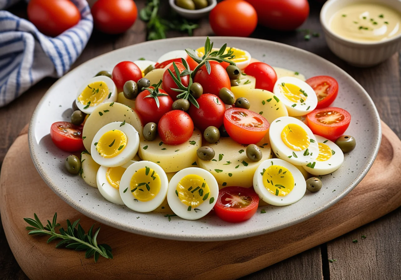 Colorful Potato Salad with Tomatoes, Eggs and Olives