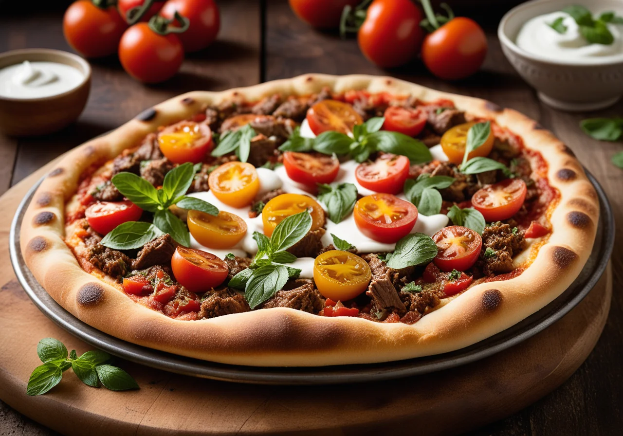 Moroccan-style pizza with ground meat and pine nuts
