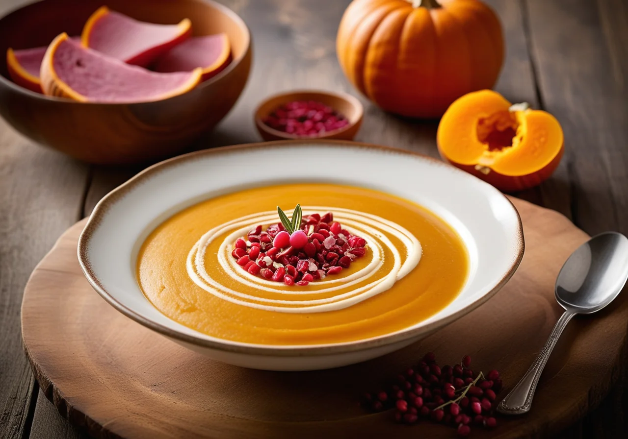 Pumpkin Soup with Potatoes and Parma Ham