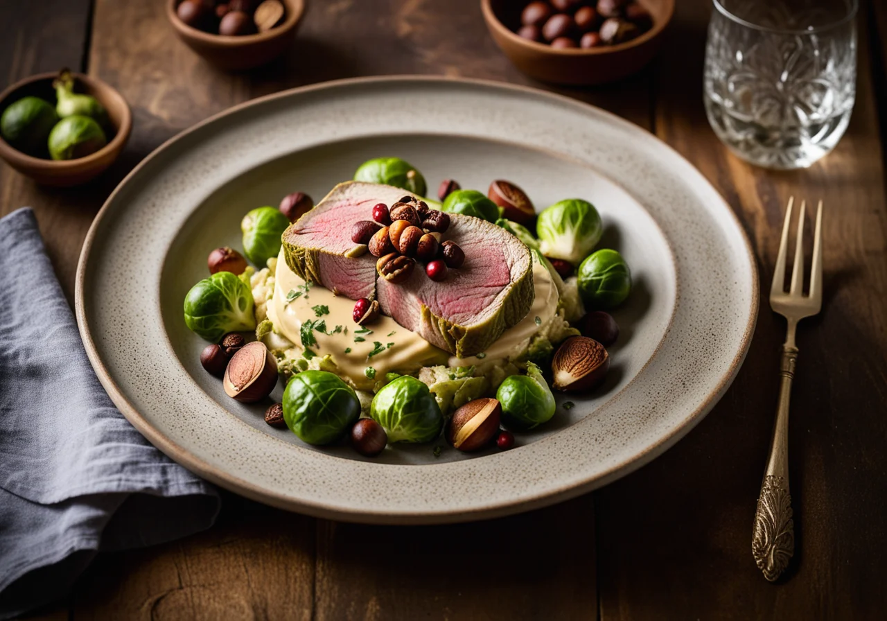 Saithe with Brussels Sprouts and Chestnut Vegetables