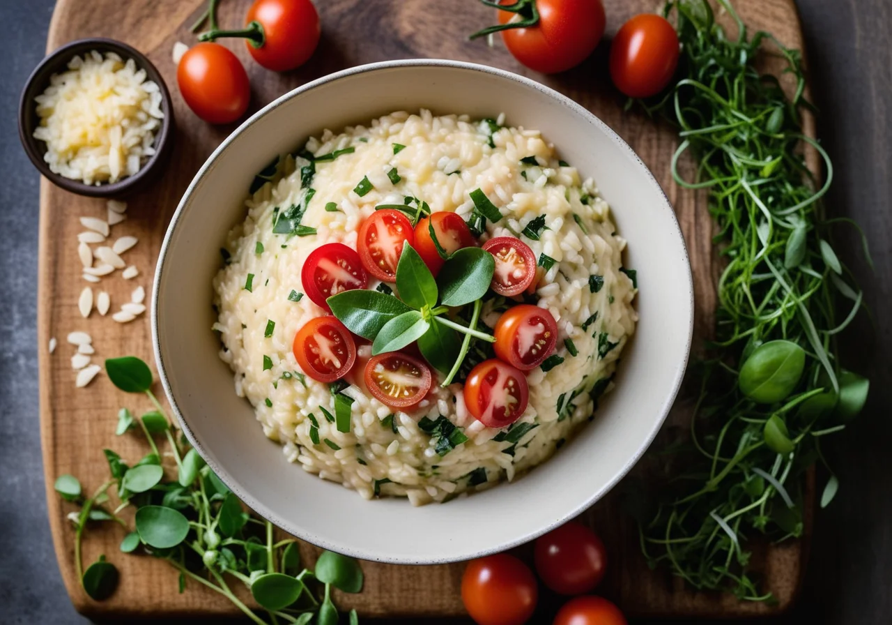 Naturreisrisotto mit Portulak, Zucchini und Tomaten