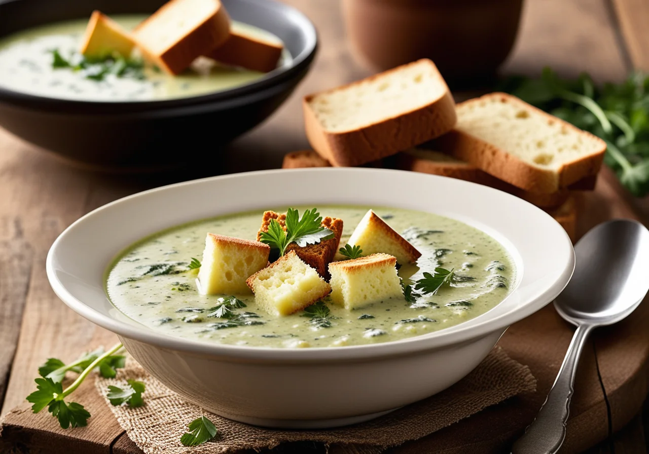 Spinach Potato Soup with Bread Croutons