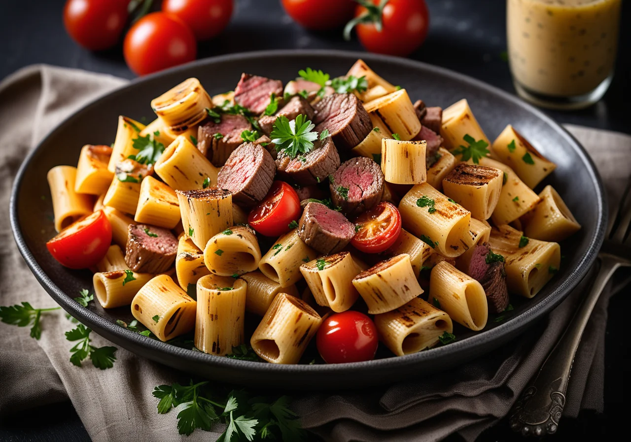 Steakpan with mushrooms and pasta