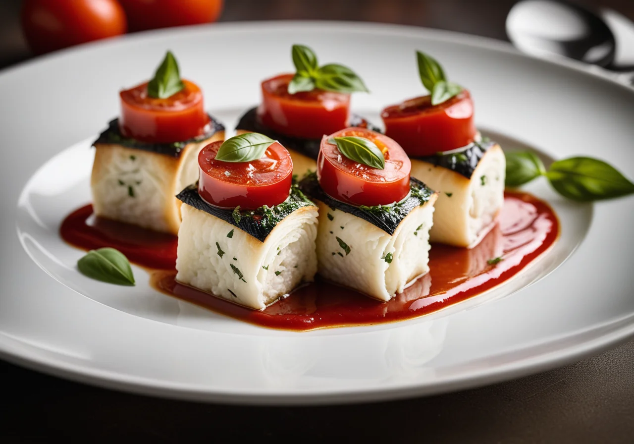 Sea Bass Rolls with Olive-Tomato Sauce