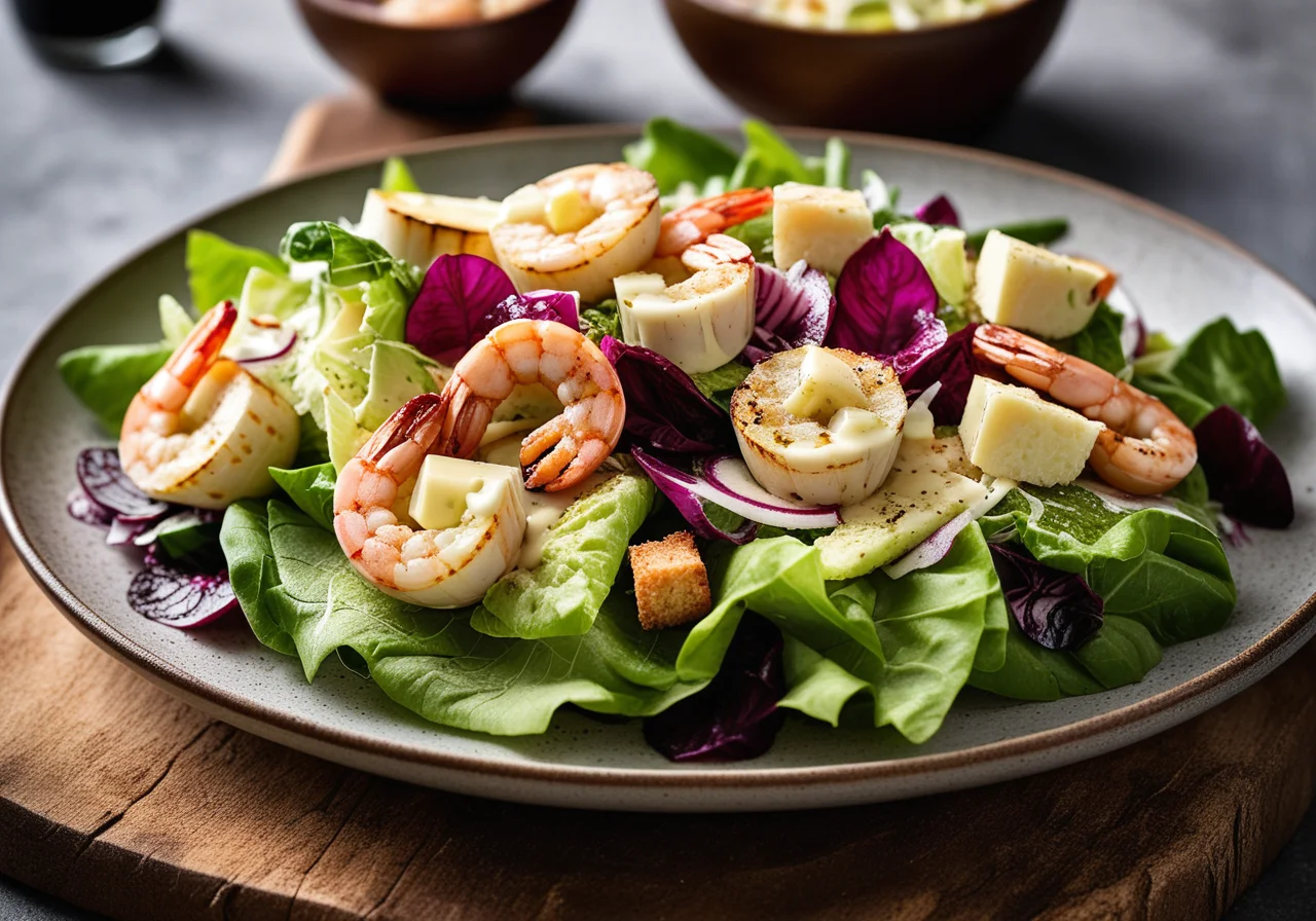 Caesar Salad with Scampi and Scallop Skewers