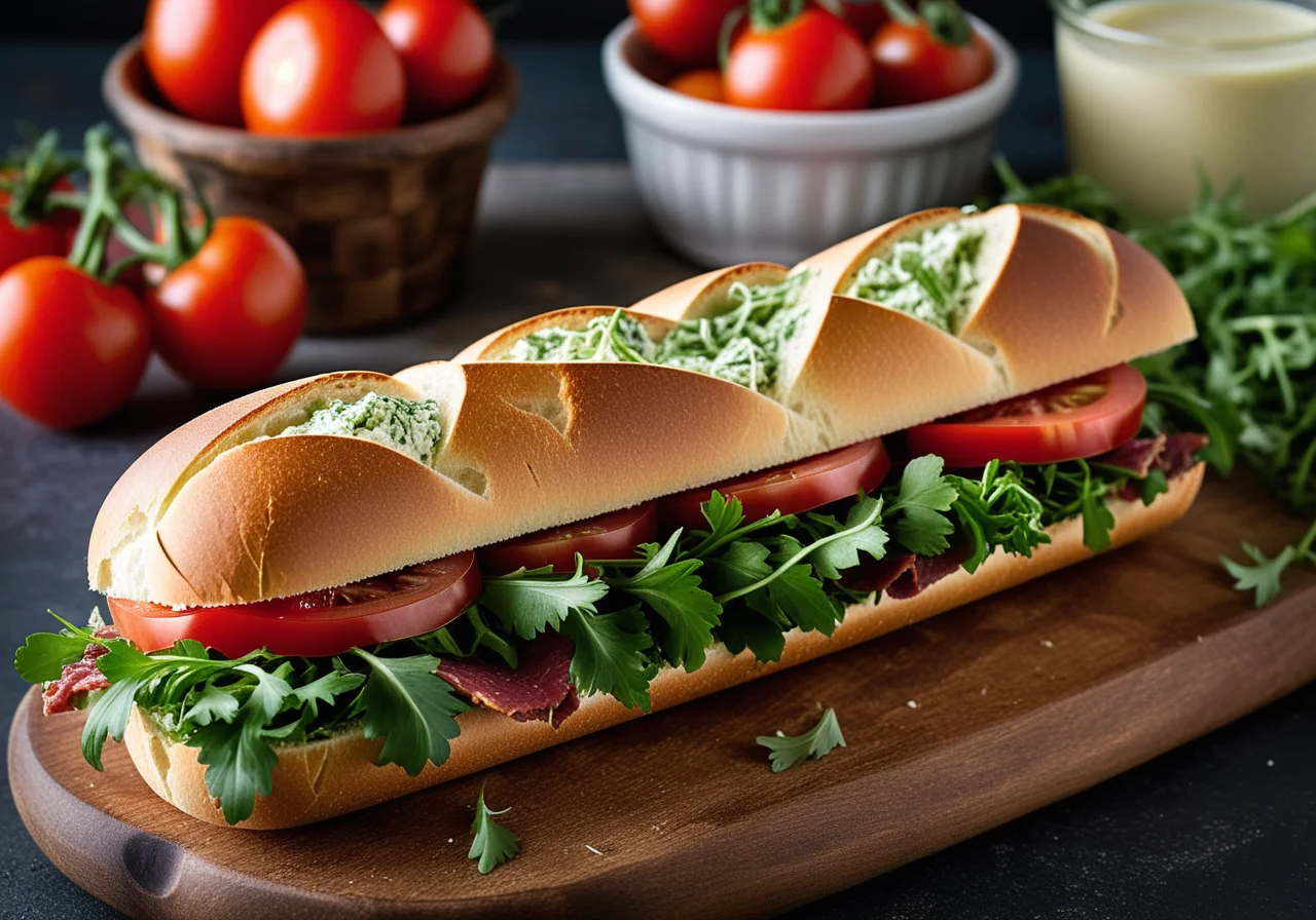 Baguettebrötchen mit Pastrami, Rucola und Tomaten
