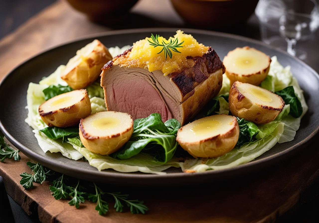 Roasted Suckling Pig with Cabbage Strips and Potato Puffs