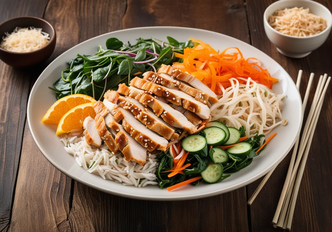 Chicken Strips with Vegetables and Rice Noodle Salad