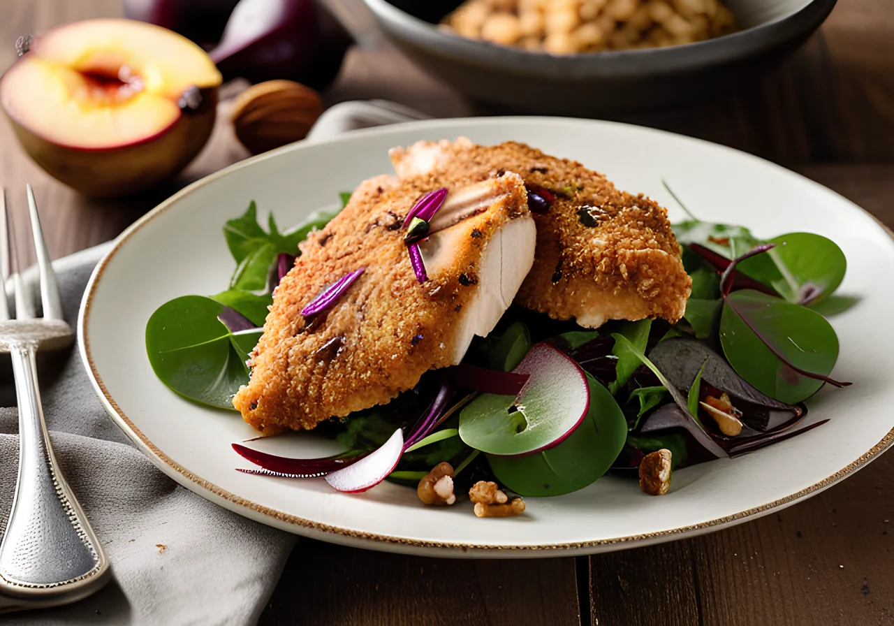 Hähnchenschnitzel in Kokos-Nuss-Kruste auf Feldsalat
