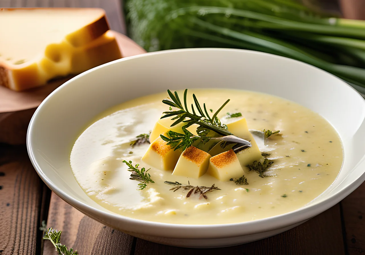 Cheese Leek Soup with Tofu Cubes