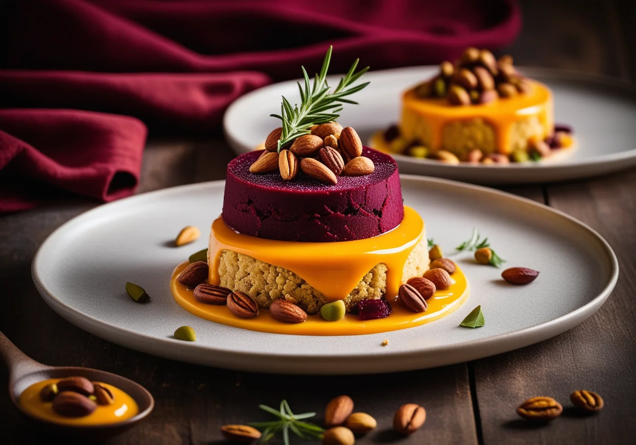 Beet Towers with Nut Filling on Paprika-Mango Sauce