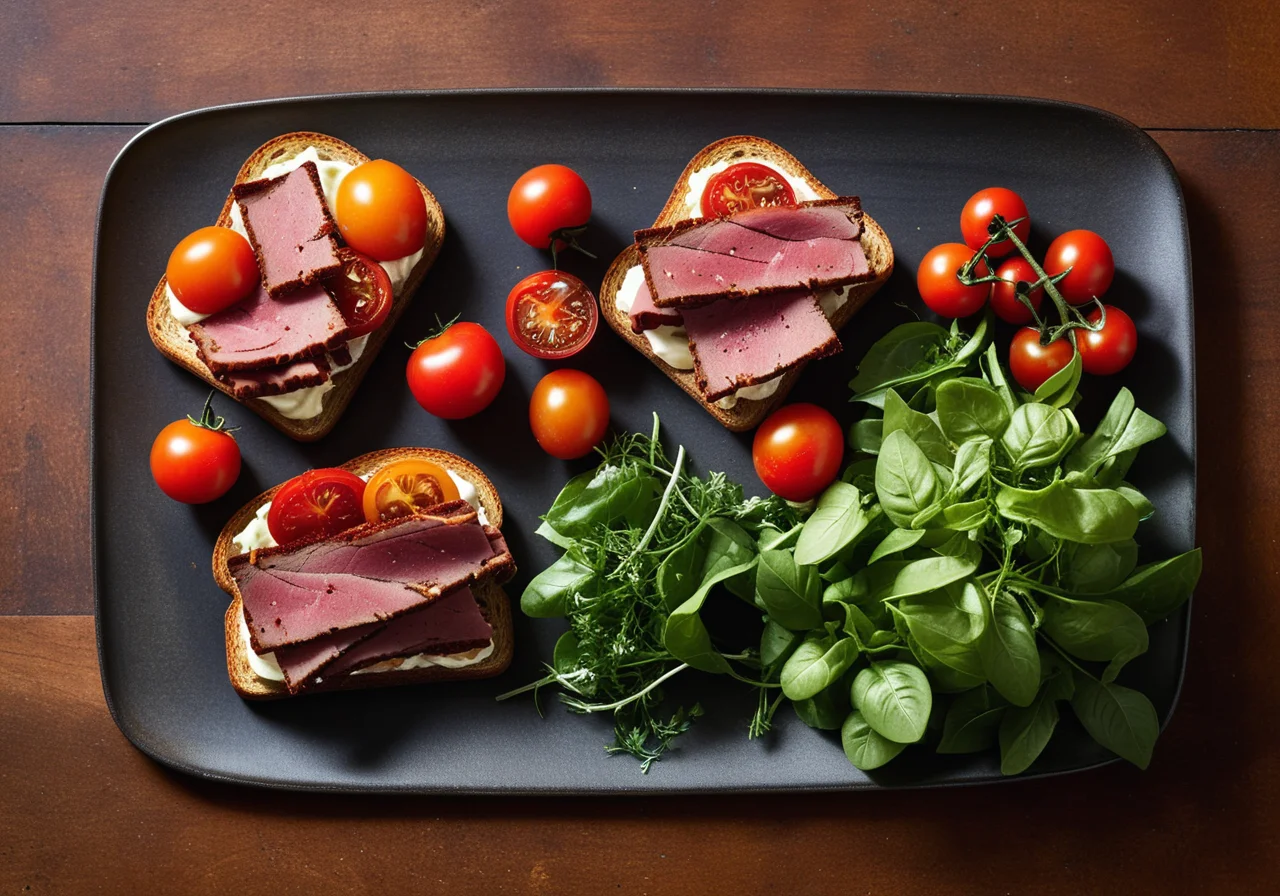 Toast with Tomato Sauce, Spicy Smoked Pastrami and Salad Leaves