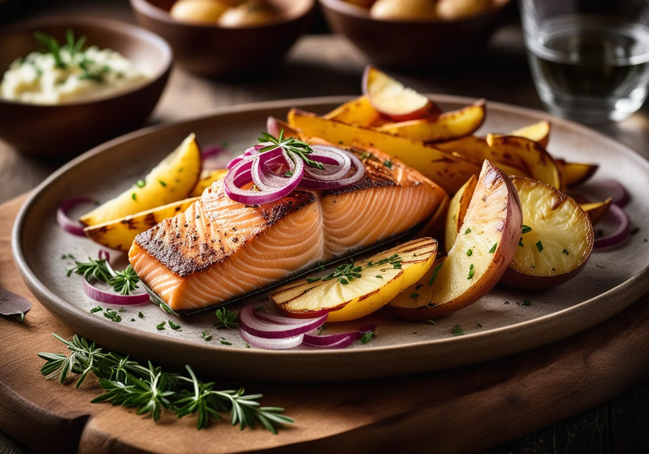 Salmon Fillet with Potatoes and Red Onions