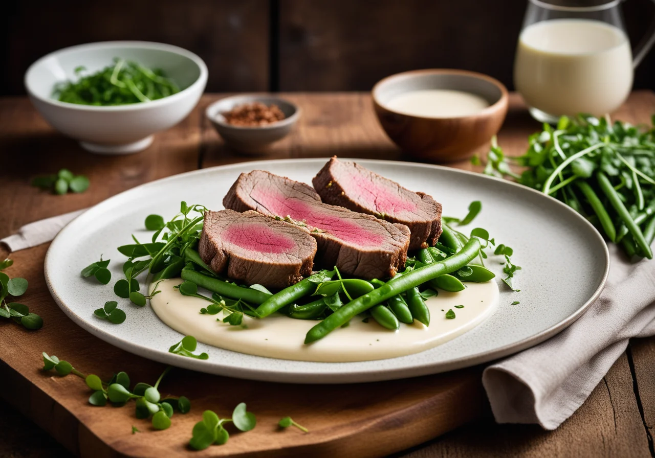 Lamb Fillet with Garlic buttermilk sauce, beans and watercress
