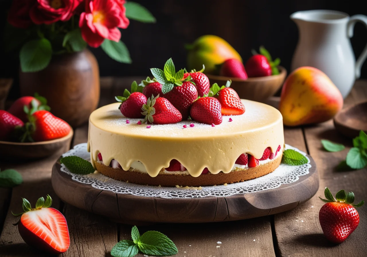 Mango Cream Cake with Strawberries (vegan)