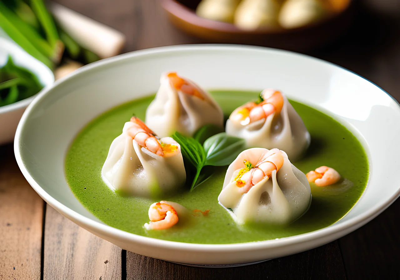 Asparagus Soup with Shrimp Dumplings (Wan Tan)