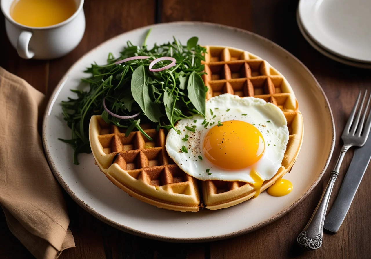 Belgian Waffles with Fried Egg and Arugula