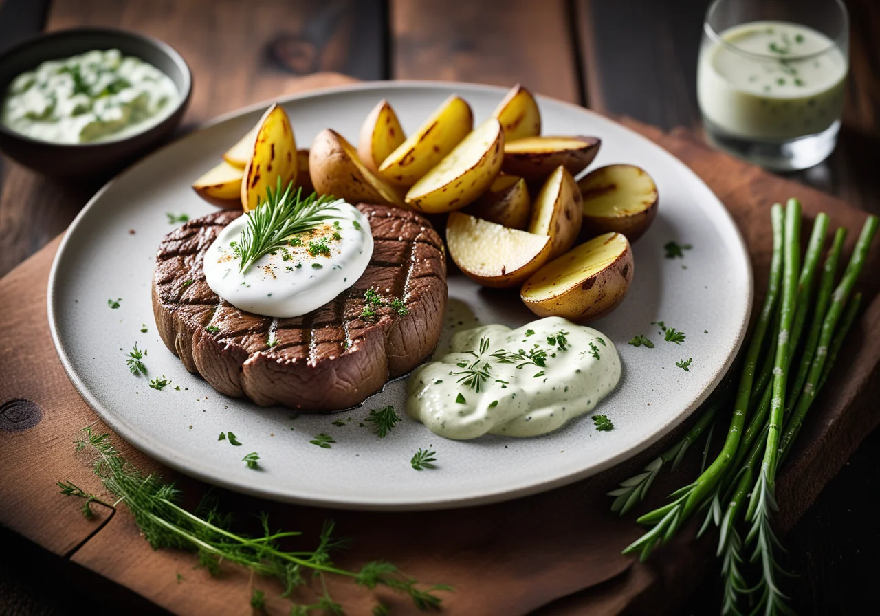 Steak and Roasted Potatoes with Herb Quark