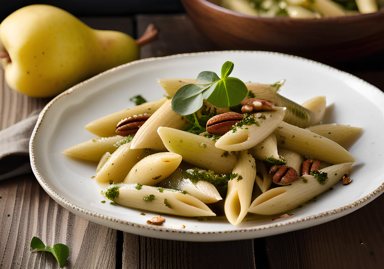 Pasta with Almond-Pecan Pesto, Pears and Thick Beans