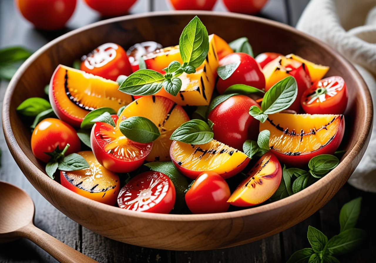 Panzanella with Grilled Peaches, Tomatoes and Goat Cheese