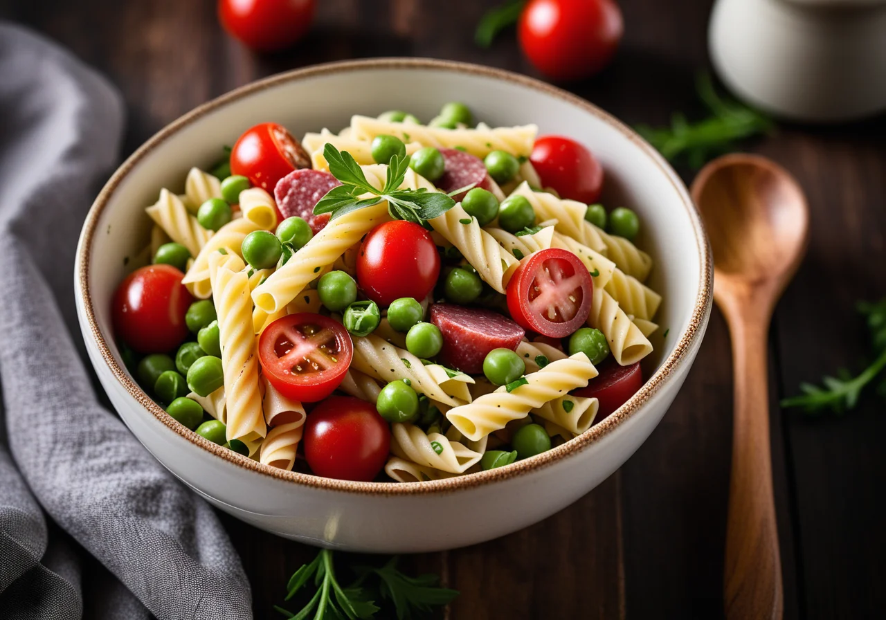 Colorful Pasta Salad with Peas, Tomatoes and Salami