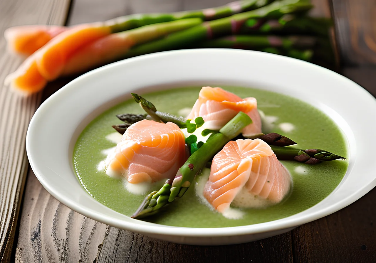Green Asparagus Soup with Salmon Dumplings