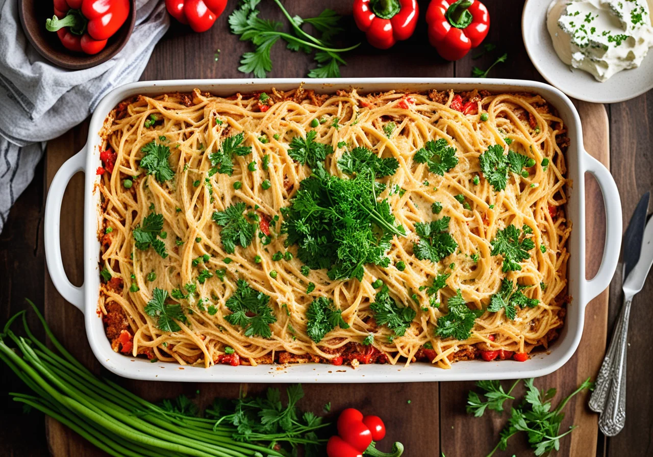 Spaghetti Casserole with Bell Pepper Pea Vegetable and Goat Cheese