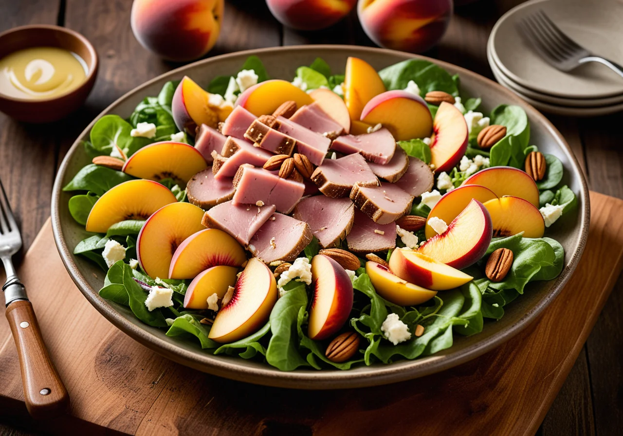 Green Salad with Peach, Ham and Sheep Cheese