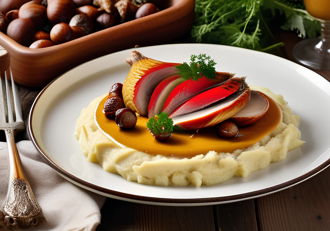 Pheasant Roast with Chestnuts and Mashed Potatoes