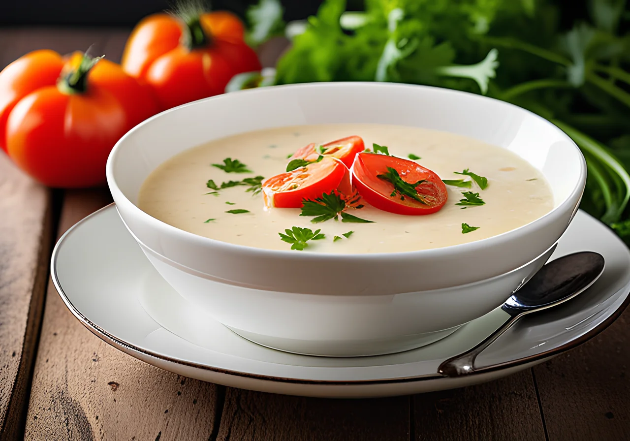 Creamy Cauliflower Soup with Tomatoes and Croutons
