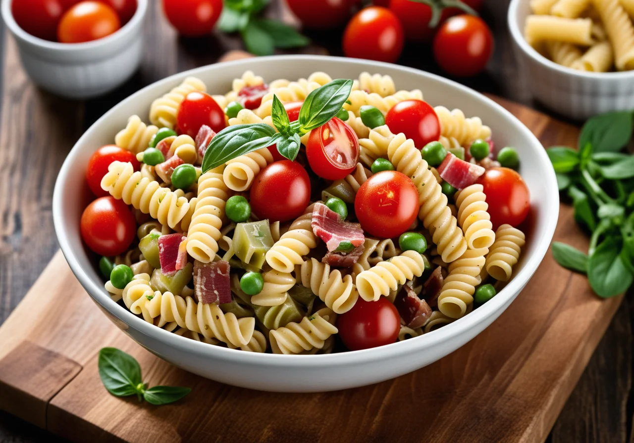Pasta salad with cherry tomatoes, ham and mint