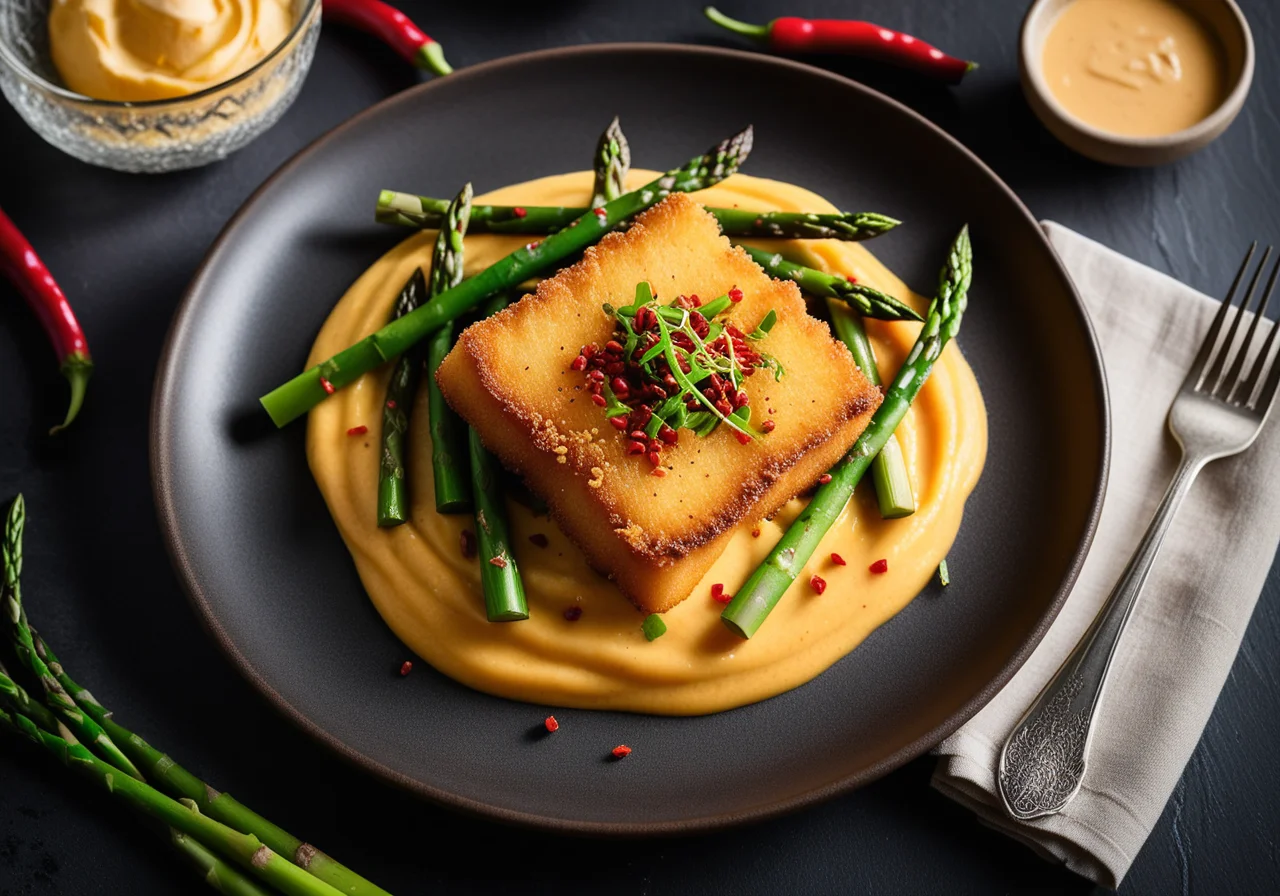 Fried Pangasius with Sweet Potato Puree and Asparagus