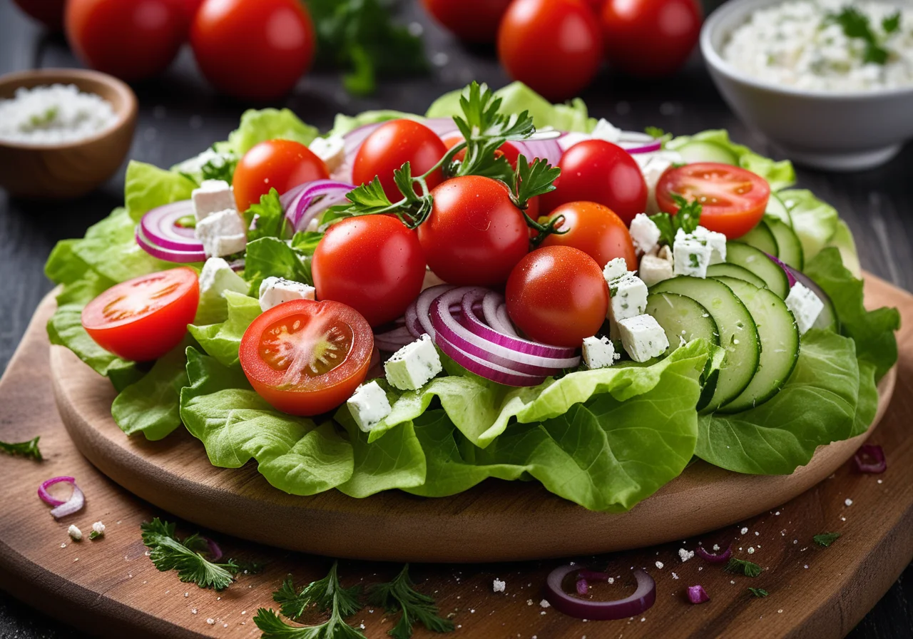 Greek Salad with Red Onions, Tomatoes, Cucumber and Feta