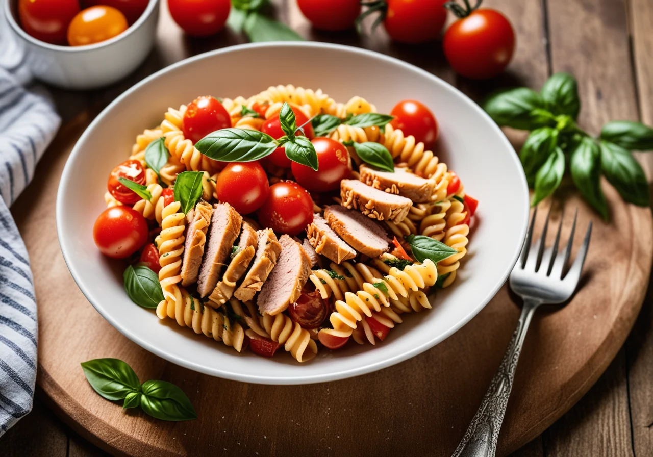 Pasta Salad with Chicken, Tomatoes and Basil