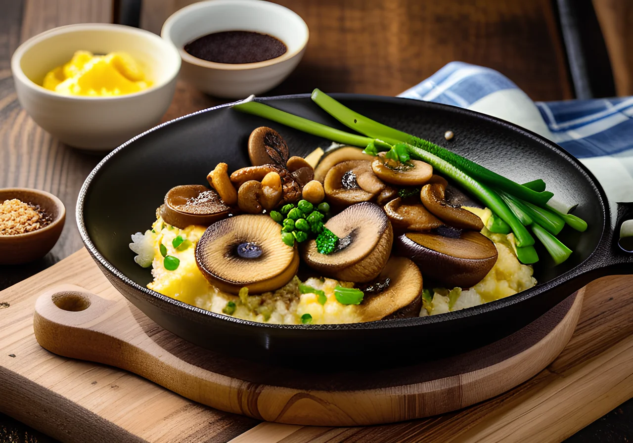 Rice Skillet with Mushrooms, Scrambled Eggs and Spring Onions